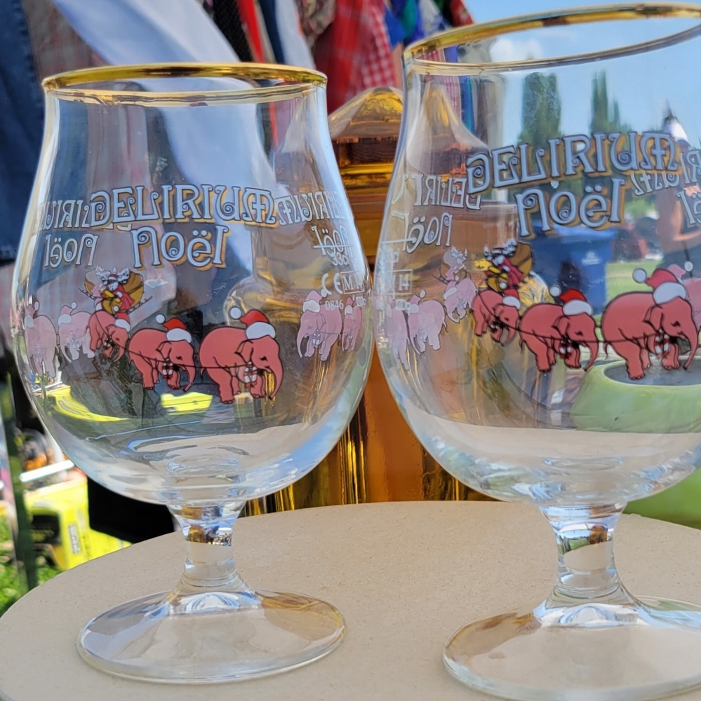Pair Of Delirium Noel Gold Rim Santa Elephant Belgium Beer Tulip Glass 25cl
